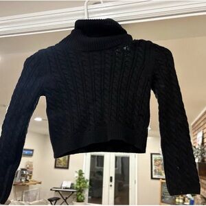 Tahari Black Cable-Knit Turtleneck Cropped Sweater
